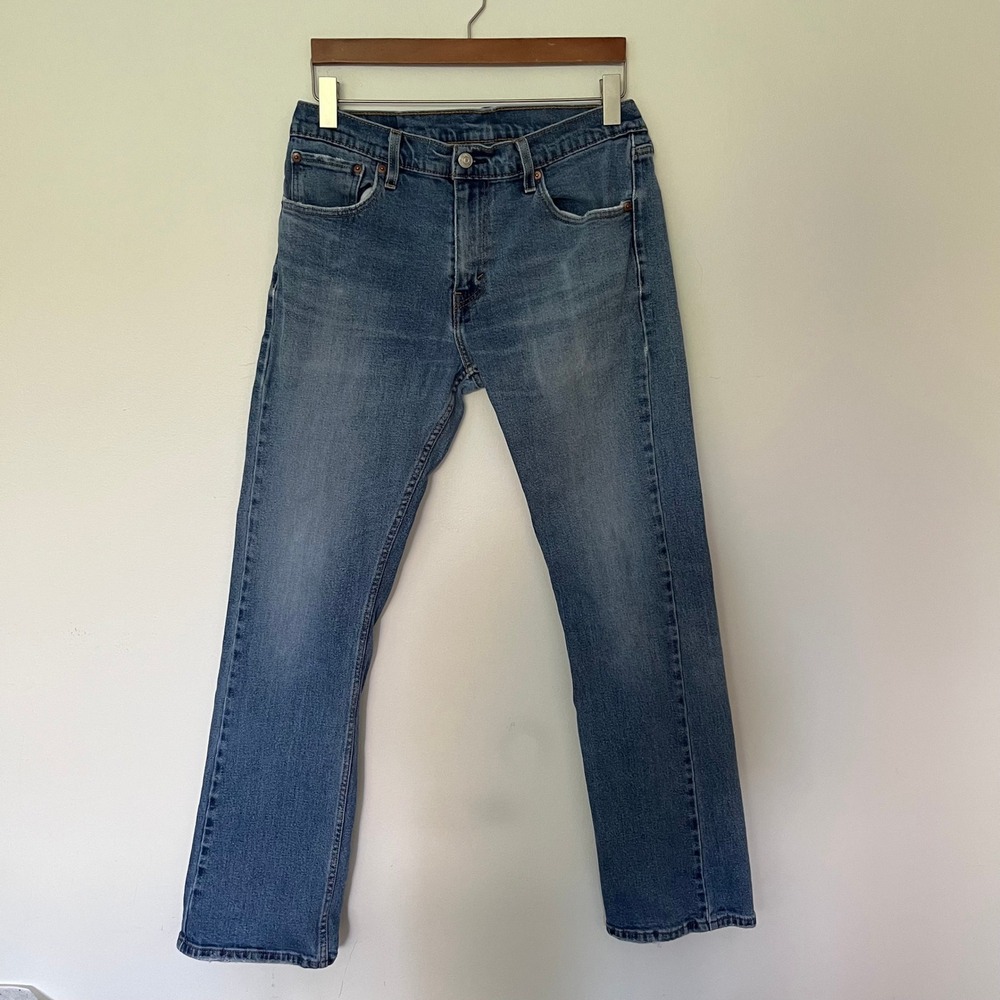 Levis 527 Slim Bootcut Jeans Mens 33x32 Medium Wash Blue Distressed Frayed Hem